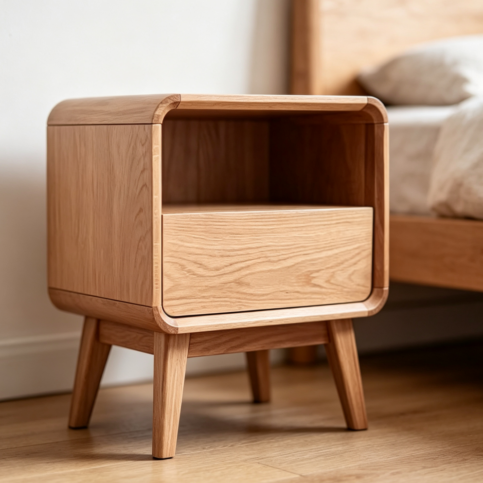 Set of 2 Natural Solid Wood Mid Century Nightstands with Drawer 20.47"H